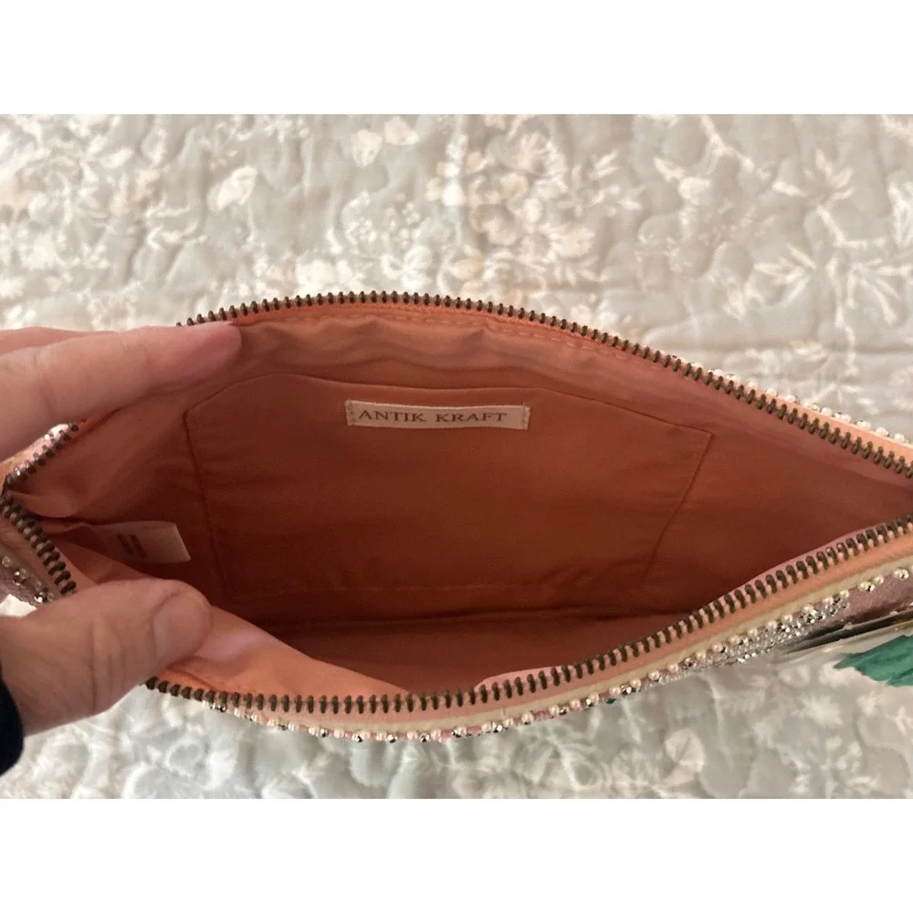New with Tags Antik Kraft Palm Leaf Print Beaded Clutch